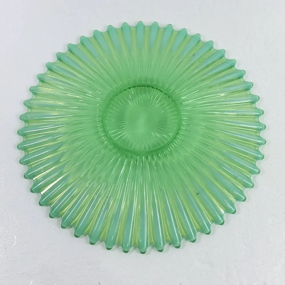Vintage Green Opalescent Carnival Glass Bowl Sunburst Ribbed Spiked Beaded Edge